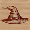 Illustrated witch in a pointed hat surrounded by spooky elements on a Halloween-themed background.