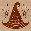 Spooky Witch's Broom Illustration A witch's hat sits atop a broomstick, surrounded by autumnal foliage and spooky icons, ideal for vector art designs.