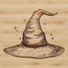 A witch's silhouette adorned with a pointed hat and surrounded by mystical symbols.