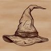 A witch's hat adorned with magical symbols on a dark background.