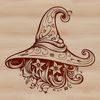 Whimsical Magic Icon Illustrative witch figure in ornate floral attire with a pointed hat, symbolizing magic and mysticism.