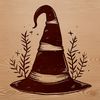 A digital illustration of a witch's hat and broomstick, symbolizing the practice of witchcraft on Halloween.