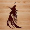 Witch Silhouette in Dark Forest A silhouette illustration of a witch standing amidst mystical elements and dark foliage.