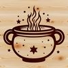 Gothic Cauldron Magic Symbols A witch's cauldron with steam rising, surrounded by magical symbols, in a gothic design.