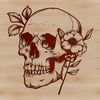 A woman surrounded by a floral wreath with a skull centerpiece, evoking themes of witchcraft and Halloween-inspired decor.
