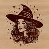 Witch's Portrait in Profile with Magical Symbols A witch's head in profile, with a pointed hat and surrounded by magical symbols.