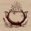Gothic Witch's Cauldron Illustration A detailed illustration of a witch's cauldron with mystical symbols and decorations, set against a dark, gothic background.