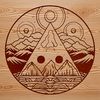 A stylized illustration of a witch's hat and broomstick surrounded by mystical symbols and occult elements.