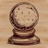 A witch gazes into a crystal ball, surrounded by gothic symbols and mystical elements.