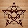A gothic-inspired illustration of a witch surrounded by mystical symbols, featuring an ornate pentagram design.