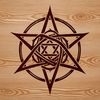 A witchcraft-themed design featuring a stylized pentagram symbol surrounded by mystical elements.