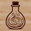 A simple line drawing of a potion bottle surrounded by mystical symbols, evoking the art of magic and witchcraft.