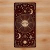 A medieval-style illustration featuring a witch surrounded by mystical symbols and tarot cards.