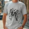 A stylized illustration of a happy Boston Terrier with love hearts surrounding its head.