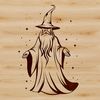 A medieval-style wizard stands in front of a mystical background, surrounded by magical elements.