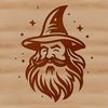 An illustration of a wizard's head with a pointed hat and staff, fitting for a fantasy or fairy tale theme.