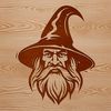 A depiction of a wizard with a pointed hat on his head, surrounded by magic and fantasy elements.