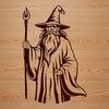 Magical Medieval Figure Silhouette A medieval-style wizard in a pointed hat and long robes, holding a staff with intricate details.
