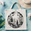 A vector graphic representation of a dense woodland area featuring multiple tree silhouettes.