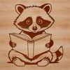Cartoon Raccoon Reading Book Illustration A cartoon raccoon character seated on the ground with a book in front of it, surrounded by illustrations and design elements.