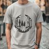 Illustrated vector graphic of a serene forest landscape with trees and foliage.
