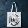 An outline vector design of a dense forest environment featuring trees and foliage in various shapes and sizes.
