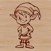 A small, smiling elf standing in a festive holiday setting, dressed in green and red attire.