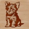 A small breed dog with a distinctive coat pattern, depicted in a sitting position.